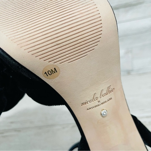 Antonio Melani × Nicola Bathie Emilia Black Velvet Rose Platform Sandals Sz 10 - Picture 11 of 14